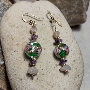 14k GF Murano Glass Foil Rose Bead Dangle Earrings